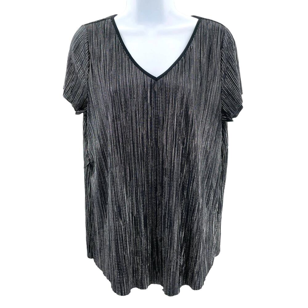 Jennifer Lopez Black Silver Metallic Shiny Short Sleeve Top Blouse Women Sz M